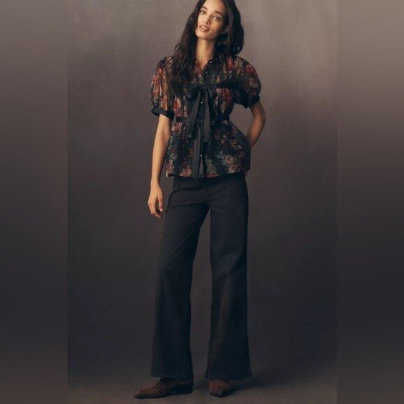 NWT Size L - Anthropologie Short-Sleeve Tie-Front Sheer Blouse (NWT US$ 118) - Picture 6 of 16